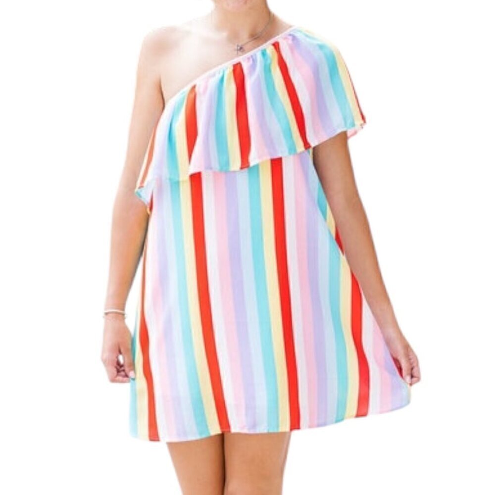 Red Dress Boutique Rainbow Stripped One Shoulder Flowy Women's Dress Small
